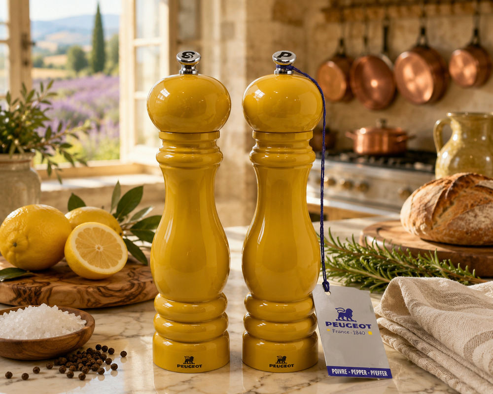 New Peugeot Paris MP 22cm Curry Yellow Salt Pepper Mill Set France NWT Wood